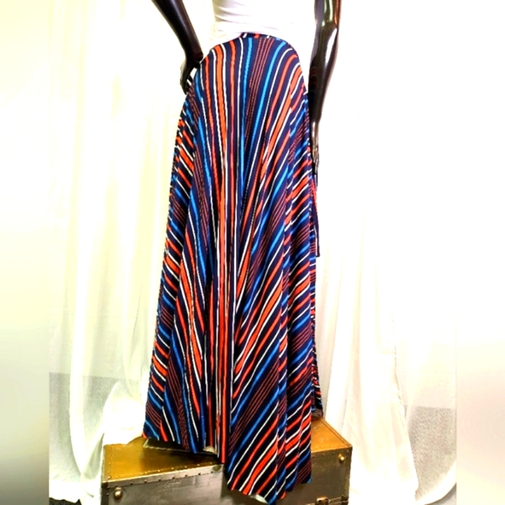 Striped Maxi Skirt With Ties. Custom Cut & Sewn. Mannequin Worn Only. - Picture 5 of 16